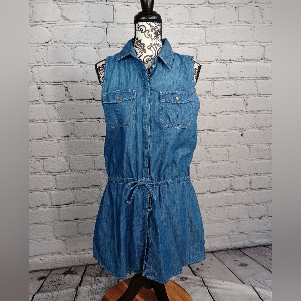 Sanctuary womens sleeveless button front draw string waist pockets sz m dress b3